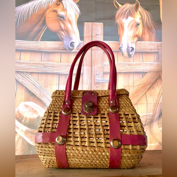 Vintage Woven Straw Basket Handbag Tan and Rose Pink Leather Accents - Picture 2 of 2
